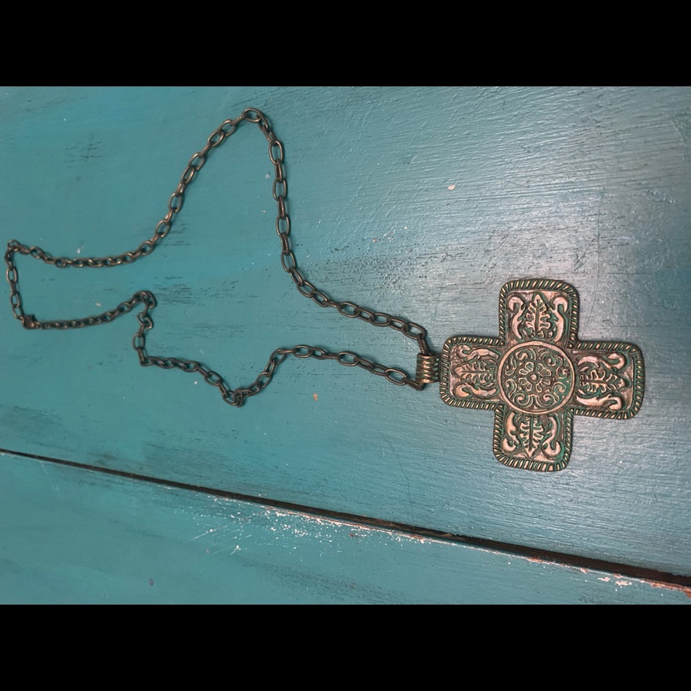 Large turquoise & bronze cross necklace